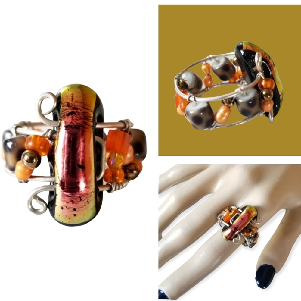 NWT Hand Crafted Wire Wrapped Irredescent Beaded Ring SZ 8.5